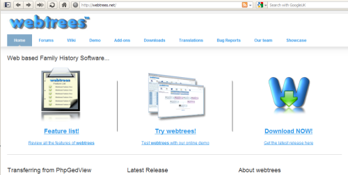 Screenshot of the webtrees homepage.