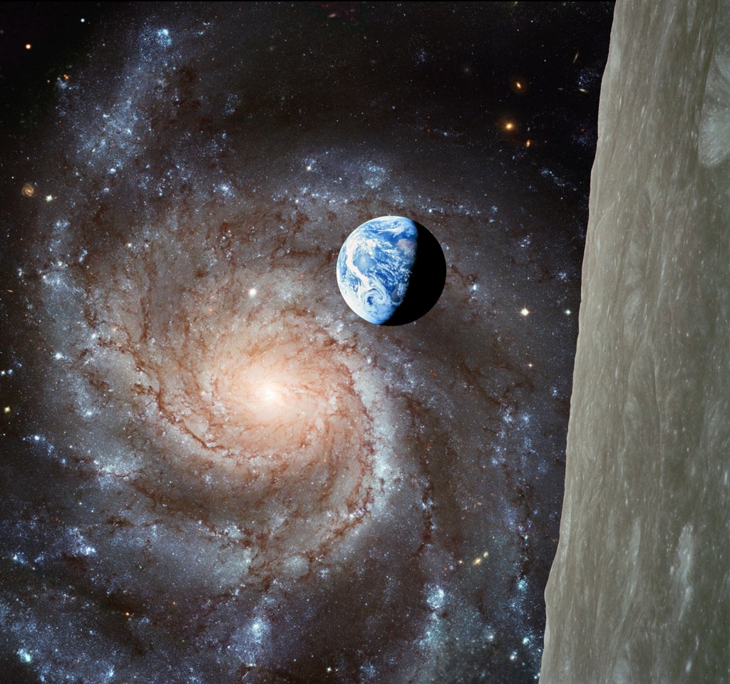 Pin Wheel Galaxy with Earth and Moon superimposed